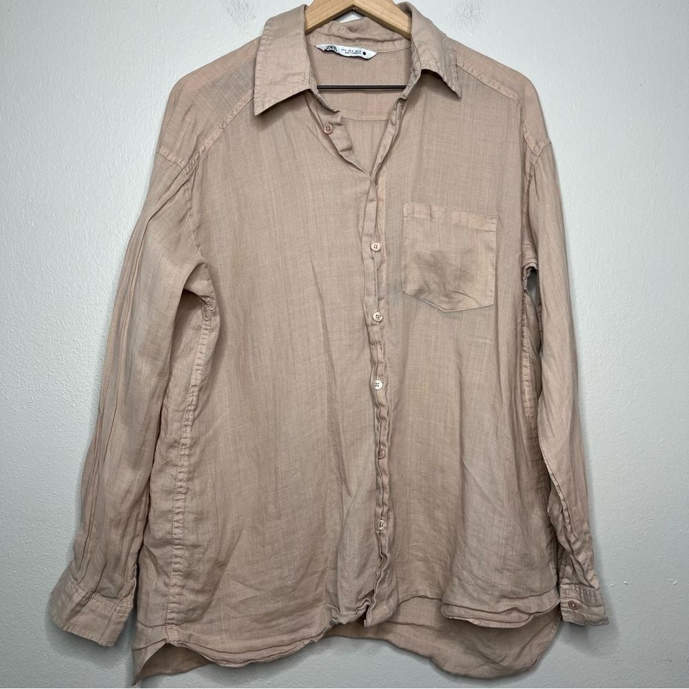 Zara Women Button Down Ramie‎ Linen Top Medium Tan Coastal Academia